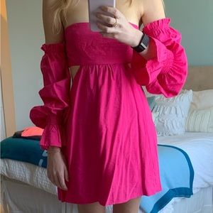 Off the shoulder, hot pink mini dress